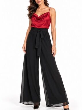 Black Chiffon Wide Leg Palazzo Pants High-Rise Tie Waist Elegant Minimalist NWT